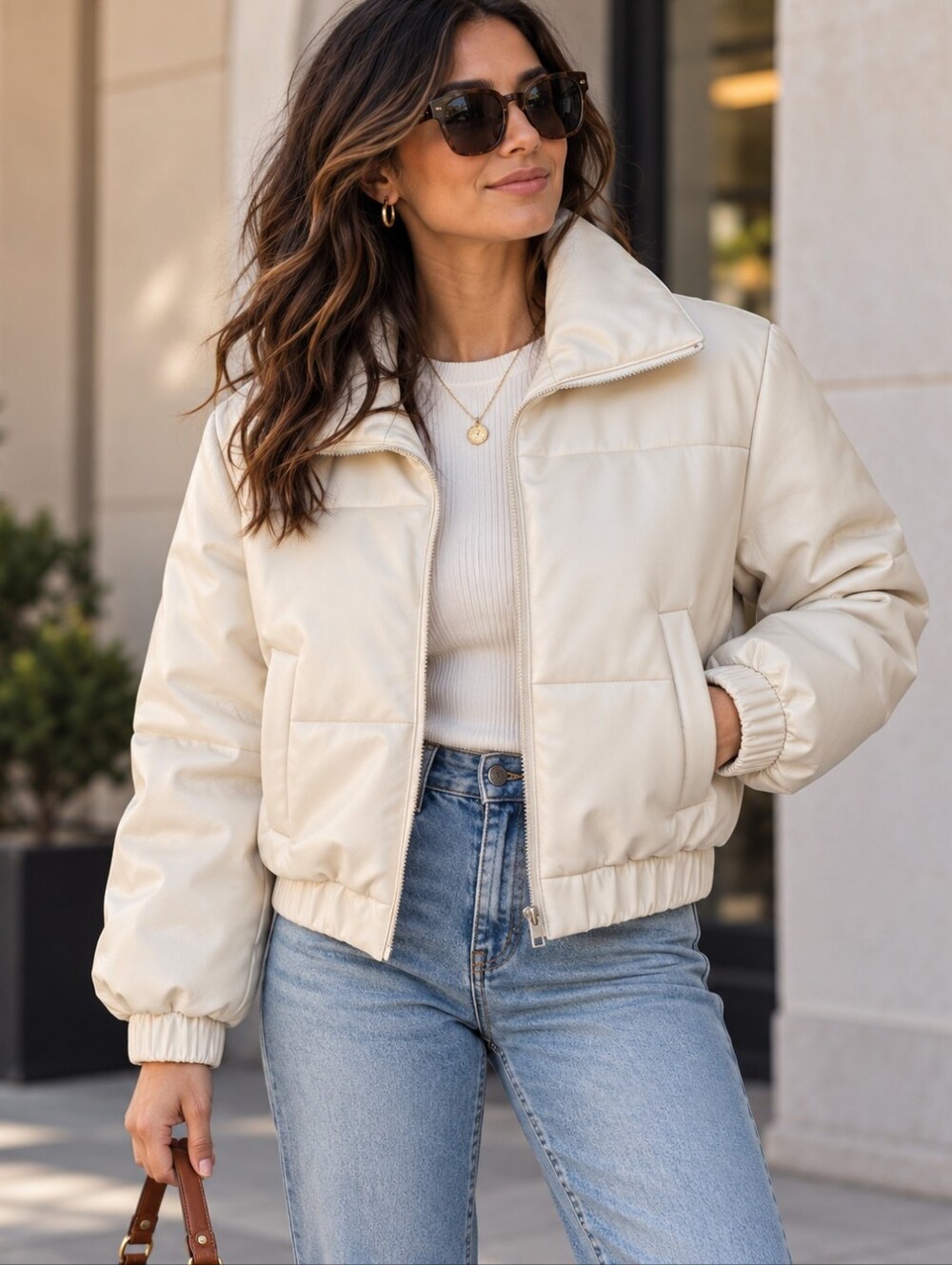 Abercrombie & Fitch Ultra Vegan Leather Puffer Jacket Cream Size Small